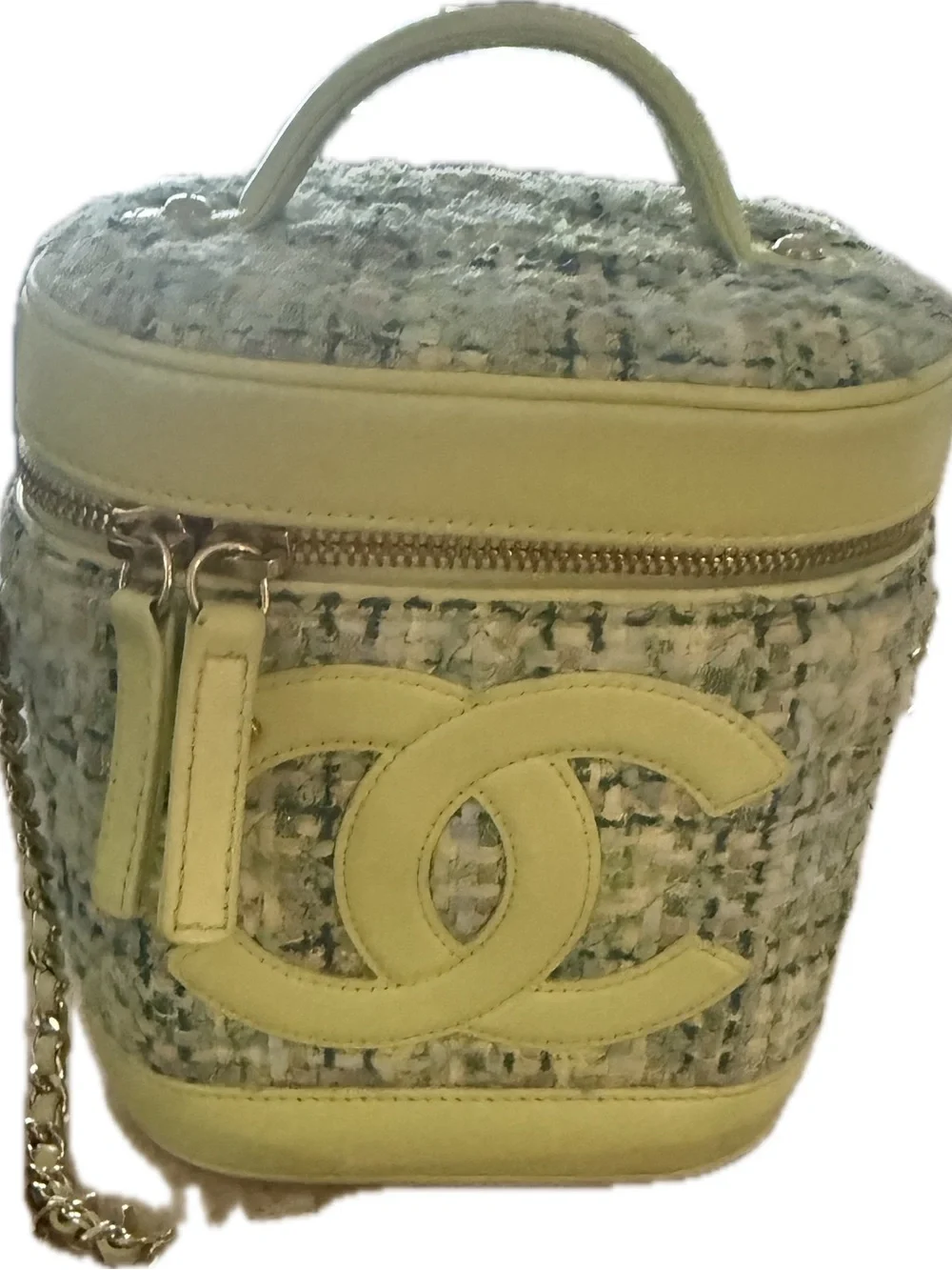 CHANEL Yellow-Green Tweed Mania top handle Vanity Crossbody case bag